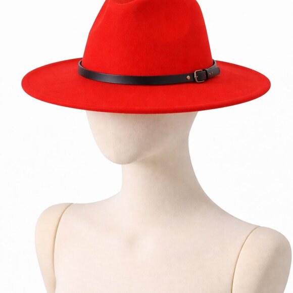 Red Belt Buckle Trim Wide Brim Felt Hat main image 5